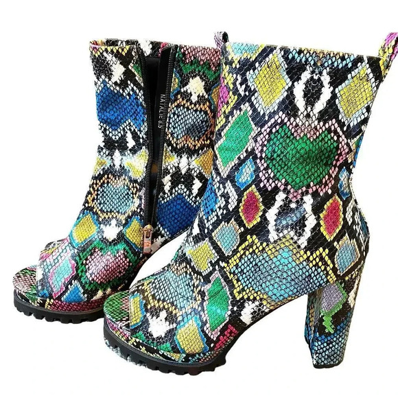 Pazzle Natalie Multicolor Snake Print High Heels Open Toe Boots Women Size 8.5 - Picture 1 of 10